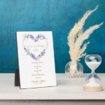 Plaque Photo Mariage de mémoire vive violet<br><div class="desc">Coeur Floral En Amour Mémoire Mariage Plaque de table. Design romantique pour se souvenir d'un être cher décédé dans la mémoire aimée citation avec un coeur floral avec les noms et la date mariage. Ce design est spécialement dédié à tout événement familial dans lequel nous voulons nous souvenir de nos...</div>