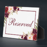 Plaque Photo Mariage Floral Bourgogne Réservé 5x7 Tableau<br><div class="desc">Aquarelle Floral Bourgogne Marsala Mariage Réservé 5x7 Table Plaque</div>