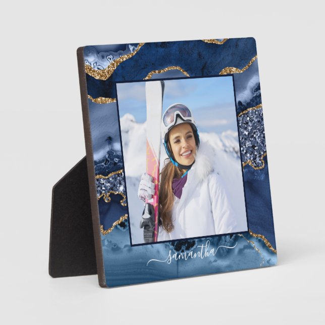 Plaque Photo Marine Blue Gold Parties scintillant Agate Nom élé (Recto)