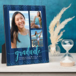 Plaque Photo Marine Graduation 3 Photo Parties scintillant Turq<br><div class="desc">Soyez fier, réjouissez-vous et présentez cette étape importante de votre grade favori. Créez cette plaque de dos simple, moderne, minimaliste personnalisée 3 chevalets photo pour un souvenir que vous serez toujours chérir. Écriture manuscrite de parties scintillant bleu turquoise, confettis de parties scintillant bleu turquoise faux et typographie sans serif blanche...</div>