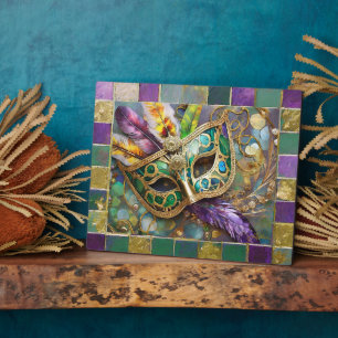 Plaque Photo Masque de plumes colorées vert et or de Mardi Gras