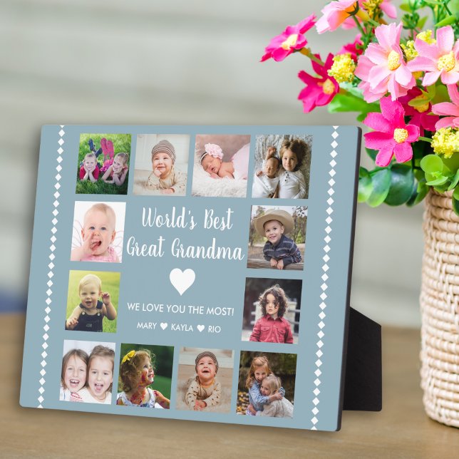 Plaque Photo Meilleur grand grand grand-mère au monde 12 Photo  (World's Best Great Grandma Grandkids 12 Photo Blue Plaque
)