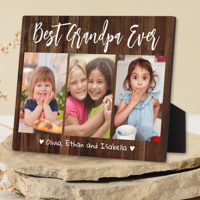 Plaque Photo Meilleur Grand-Père Ever Grand-Enfants 3 Photo Col (Best Grandpa Ever Grandkids 3 Photo Collage Wood Plaque)