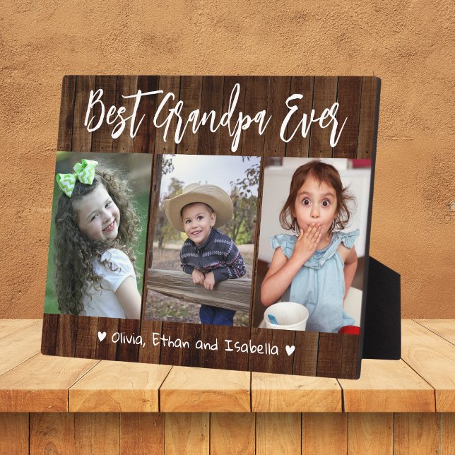 Plaque Photo Meilleur Grand-Père Ever Grand-Enfants Bois 3 Phot (Best Grandpa Ever Grandkids Wood 3 Photo Collage Plaque)