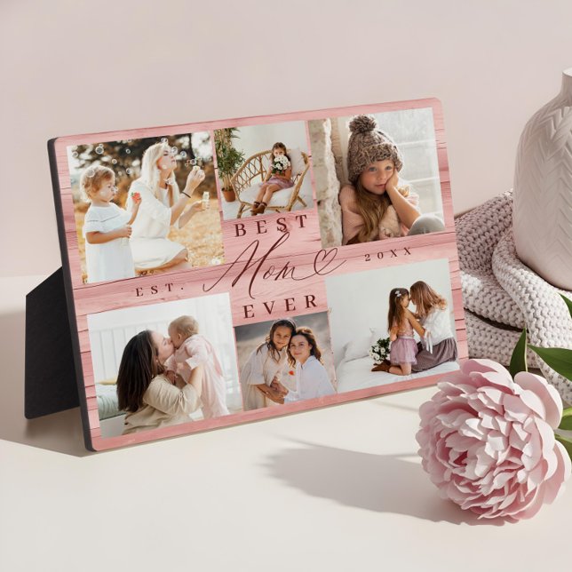 Plaque Photo Meilleure Maman Jamais Famille Photo Collage Pink  (Best Mother Ever Photo Collage Pink Woodgrain Plaque)