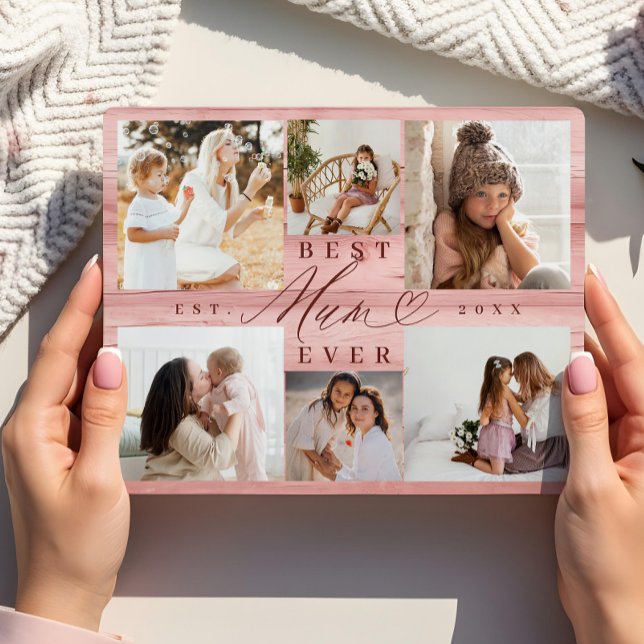 Plaque Photo Meilleure maman Jamais Famille Photo Collage Pink  (Best Mum Ever Family Photo Collage Pink Woodgrain Plaque)
