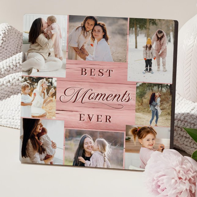 Plaque Photo Meilleurs Moments Jamais Photo Collage Pink Woodgr (Best Moments Ever Photo Collage Pink Woodgrain Plaque)
