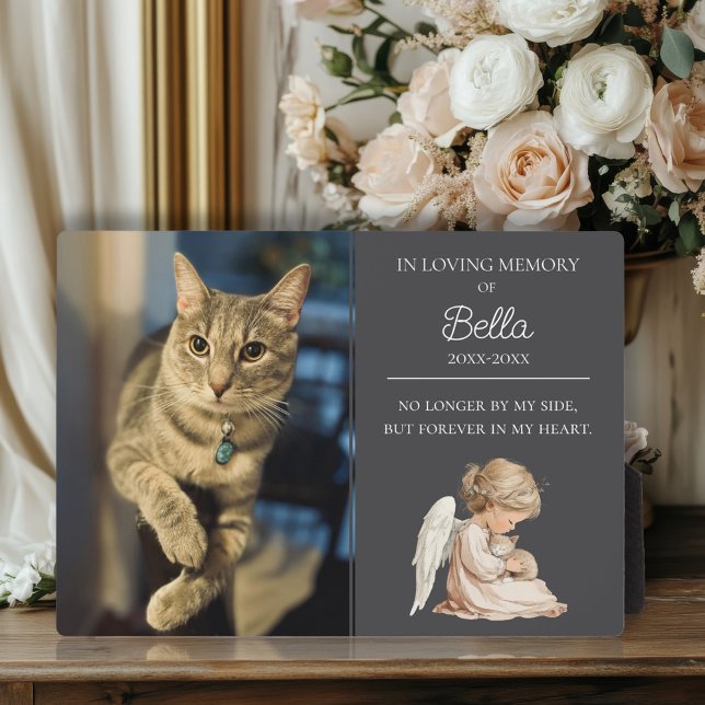 Plaque Photo Mémorial d'animal de compagnie chat  (In loving memory cat memorial photo plaque with angel and sentimental quote.)