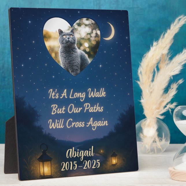 Plaque Photo Mémorial de perte d'animal de compagnie Cœur Lune  (Celestial pet memorial photo plaque for cat loss—a heartfelt sympathy gift idea for a pet parent.)