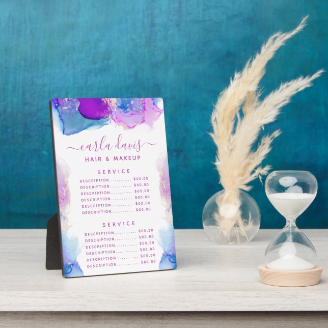 Plaque Photo Menu de prix d'encre bleue violette de script de s (Côté)