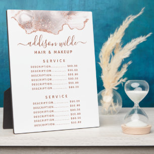 Plaque Photo Menu de prix en marbre blanc chic Agate Or Rose