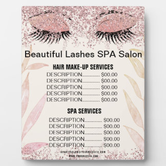 Plaque Photo Menu des prix du salon SPA avec strass rose et cil