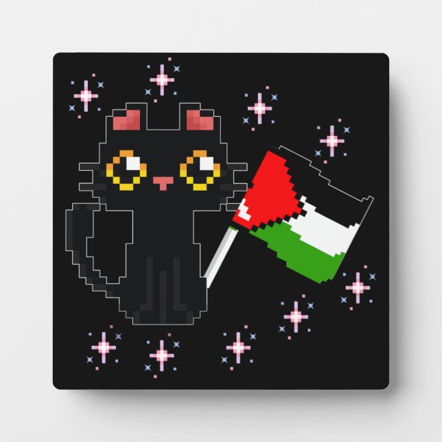Plaque Photo mignon chat noir tient drapeau de la Palestine (Devant)