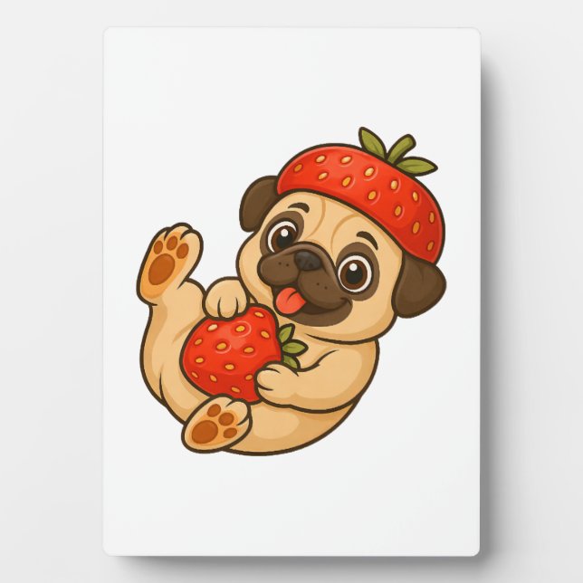 Plaque Photo Mignon pug avec dessin animé de fraises doux fruit (Devant)