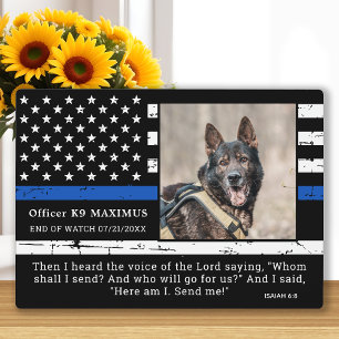 Plaque Photo Mince ligne bleue Officier K9 Police Dog Memorial