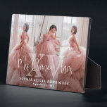 Plaque Photo Mis XV Años Quinceañera 3 Photo Collage Birthday<br><div class="desc">Commemorate the quinceañera's special 15th birthday celebration with an elegant modern photo plaque "Mis Quince Años" keepsake gift. The pictures and all wording on this template are simple to personalize. The colors, font styles and overlay opacity can be easily customized with the Zazzle Design Editor tool. The unique minimalist black...</div>