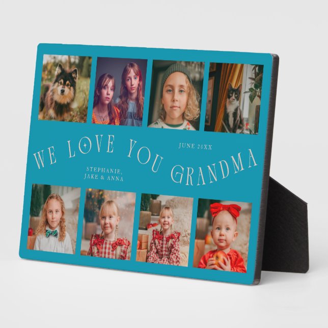 Plaque Photo Modern 8 Photo Grid Love You Grandma Aqua Blue (Côté)
