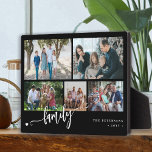 Plaque Photo Modern custom 5 photo collage family<br><div class="desc">Modern simple elegant family handwritten calligraphy script with five custom photos black goldand white keepsake photo plaque template.              Please note that the background color is changeable. You can replace the black with any other color after selecting CUSTOMIZE option.</div>