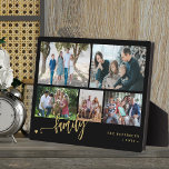 Plaque Photo Modern custom 5 photo collage family<br><div class="desc">Modern simple elegant family handwritten calligraphy script with five custom photos black gold keepsake photo plaque template.              Please note that the background color is changeable. You can replace the black with any other color after selecting CUSTOMIZE option.</div>