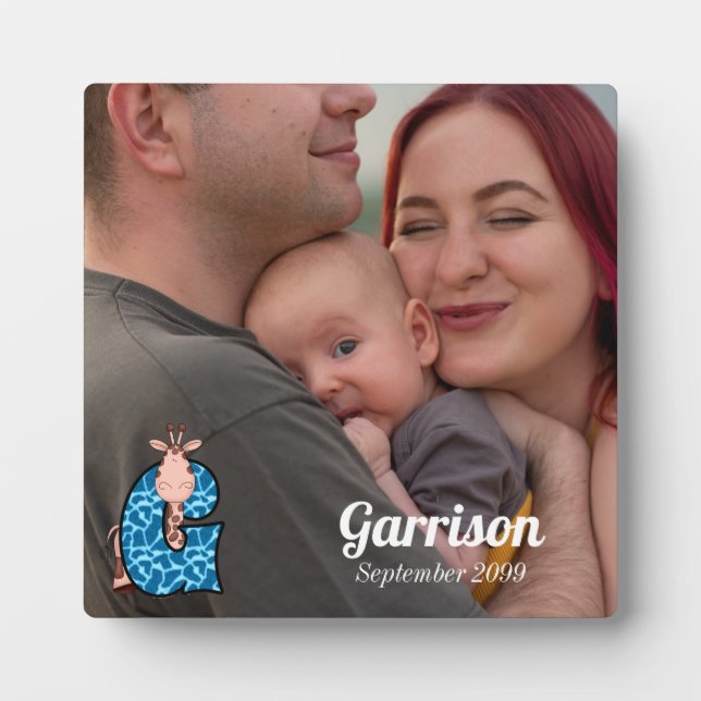 Plaque Photo Monogramme bleu G avec photo de bébé Giraffe (Devant)