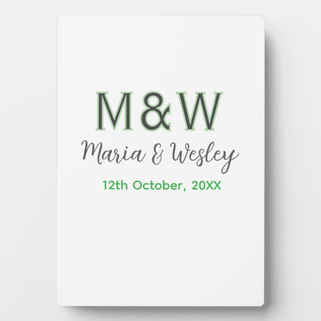 Plaque Photo Monogramme couple gris vert moderne date romantiqu (Devant)