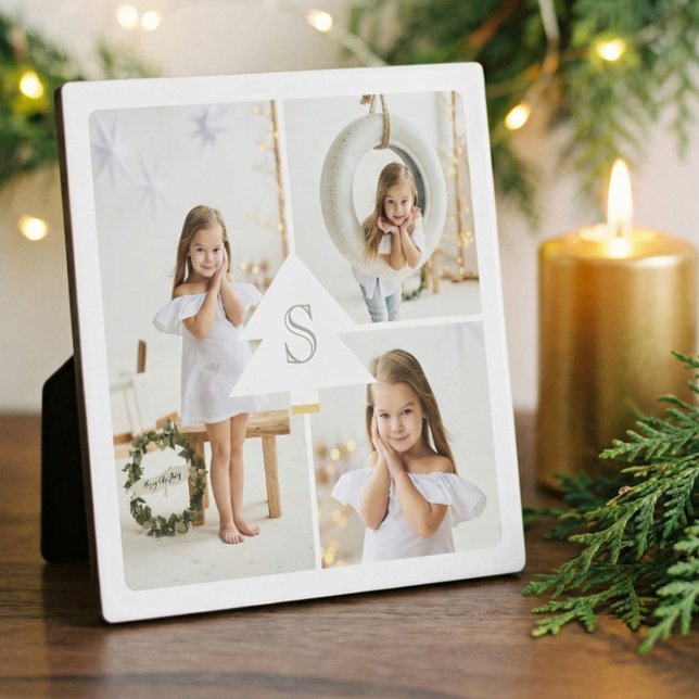 Plaque Photo Monogramme de pin moderne Trois photos (Elegant Minimal Tree Monogram Photo Collage Design Plaque)