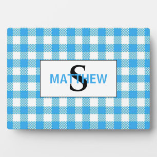 Plaque Photo Monogramme Initial à carreaux Bleus et Blancs avec