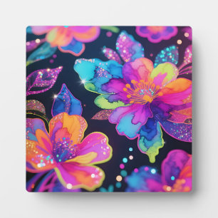 Plaque Photo Motif floral pailleté néon