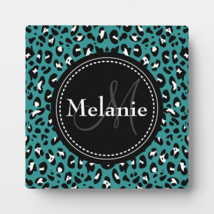 Plaque Photo Motif Léopard noir Turquoise monogramme