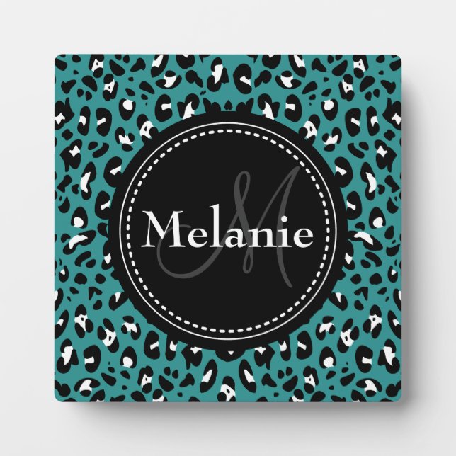 Plaque Photo Motif Léopard noir Turquoise monogramme (Devant)
