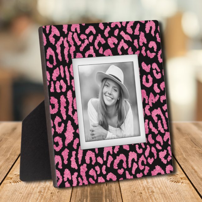 Plaque Photo Motif Léopard rose sans cadre Photo Easel (Pink Black Leopard Pattern Frameless Photo Easel Plaque)