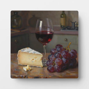 Plaque Photo Nature morte réaliste au vin rouge, fromage et rai