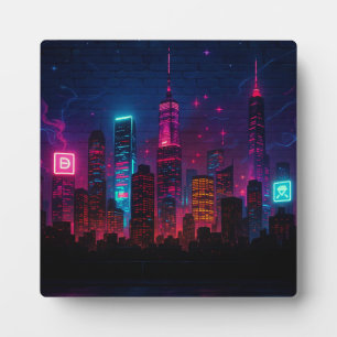 Plaque Photo Neon City Skyline : Rétro-futurisme