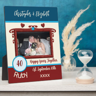 Plaque Photo Noces de rubis 40 ans ajouter noms photo bleue