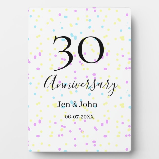 Plaque Photo Nom 30e anniversaire points bleus roses jaunes  (Devant)