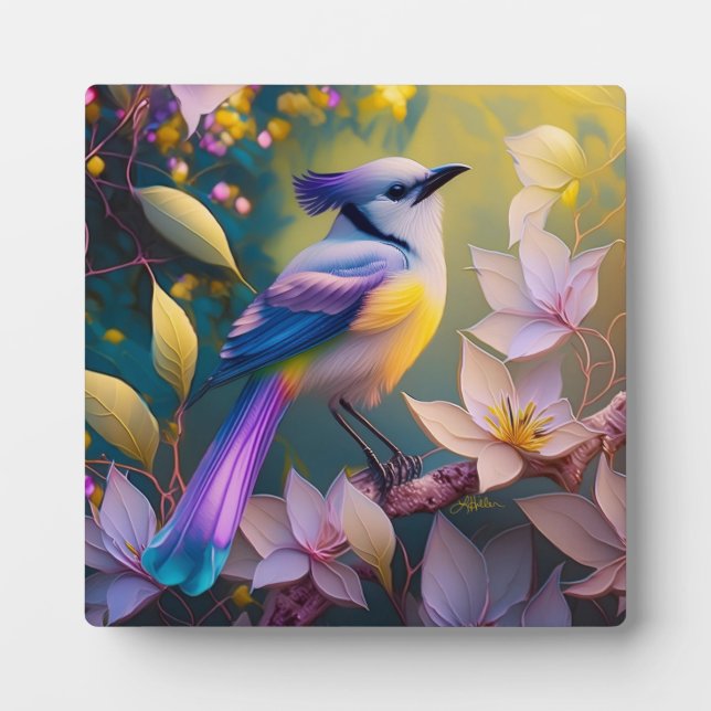 Plaque Photo Oiseau à poitrine jaune violet (Devant)