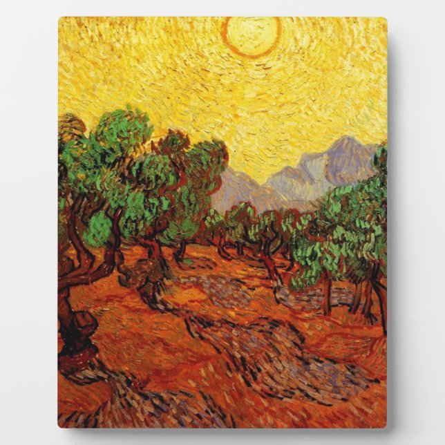 Plaque Photo Olive Trees with Yellow Sky and Sun (Devant)