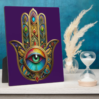 Plaque Photo Ornate Gold Colorful Hamsa Green on Red Third Eye