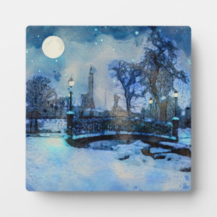 Plaque Photo Painting of winter night in city park