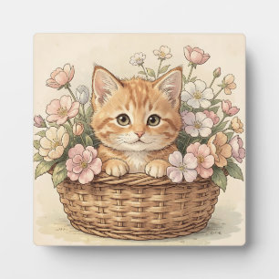 Plaque Photo Panier de fleurs avec un adorable chaton roux