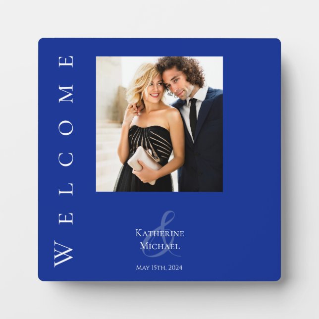 Plaque Photo Panneau Mariage photo bleu et blanc moderne- (Devant)