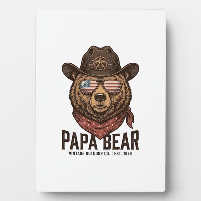 Plaque Photo Papa Bear Cowboy Bear Patriotic Vintage Vector Des (Devant)