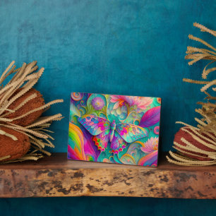 Plaque Photo Papillon psychédélique coloré et fleurs