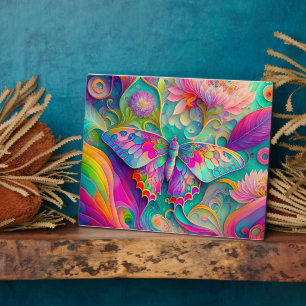 Plaque Photo Papillon psychédélique coloré et fleurs