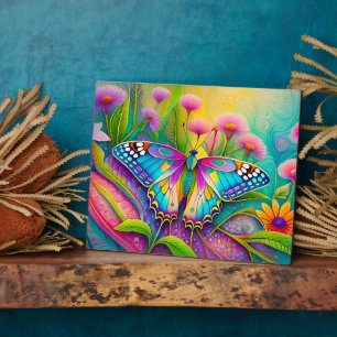 Plaque Photo Papillon Psychédélique Coloré et Fleurs Sauvages 