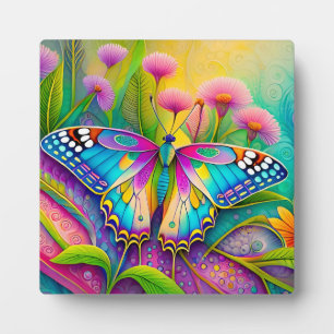 Plaque Photo Papillon Psychédélique Coloré et Fleurs Sauvages 