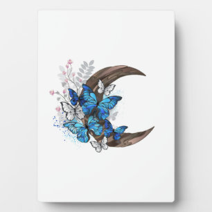 Plaque Photo Papillons bleus sur croissant en bois