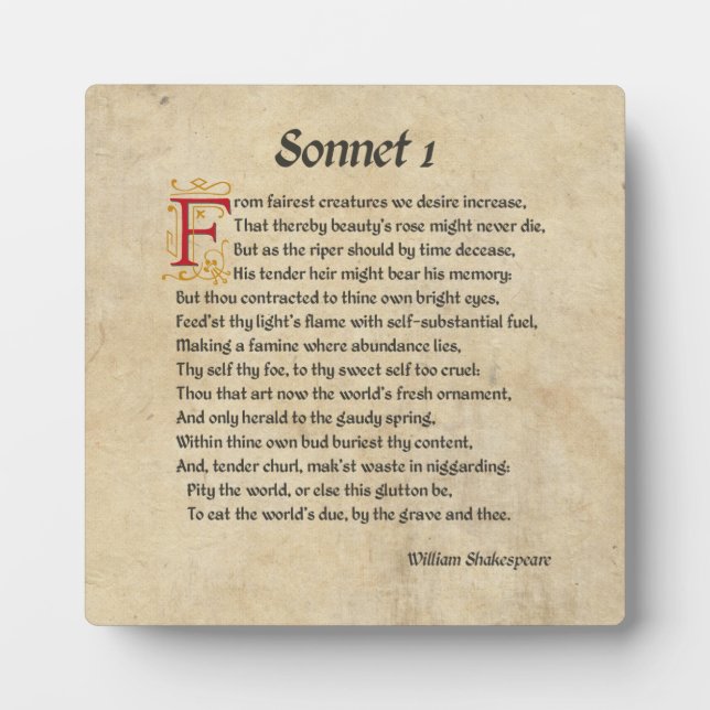 Plaque Photo Parchemin Shakespeare Sonnet 1 (Devant)