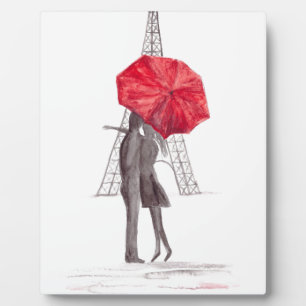 Plaque Photo Paris amoureux couple avec parapluie rouge