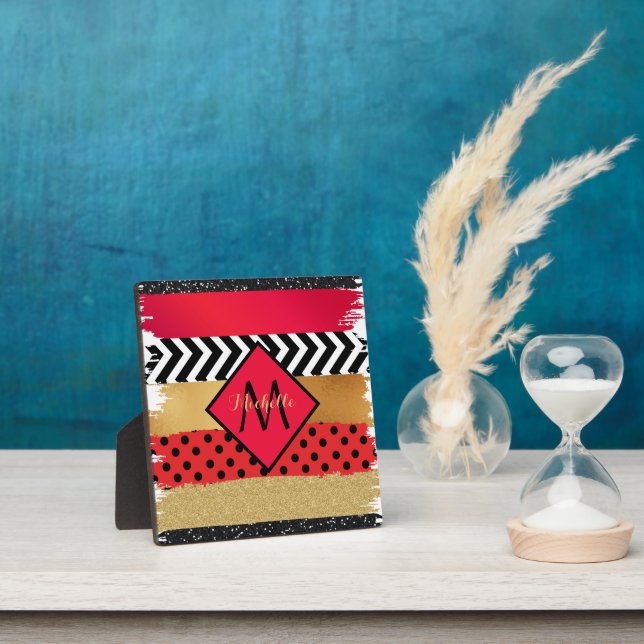 Plaque Photo Parties scintillant rouge Noir Brush Stroke Monogr (Insitu)